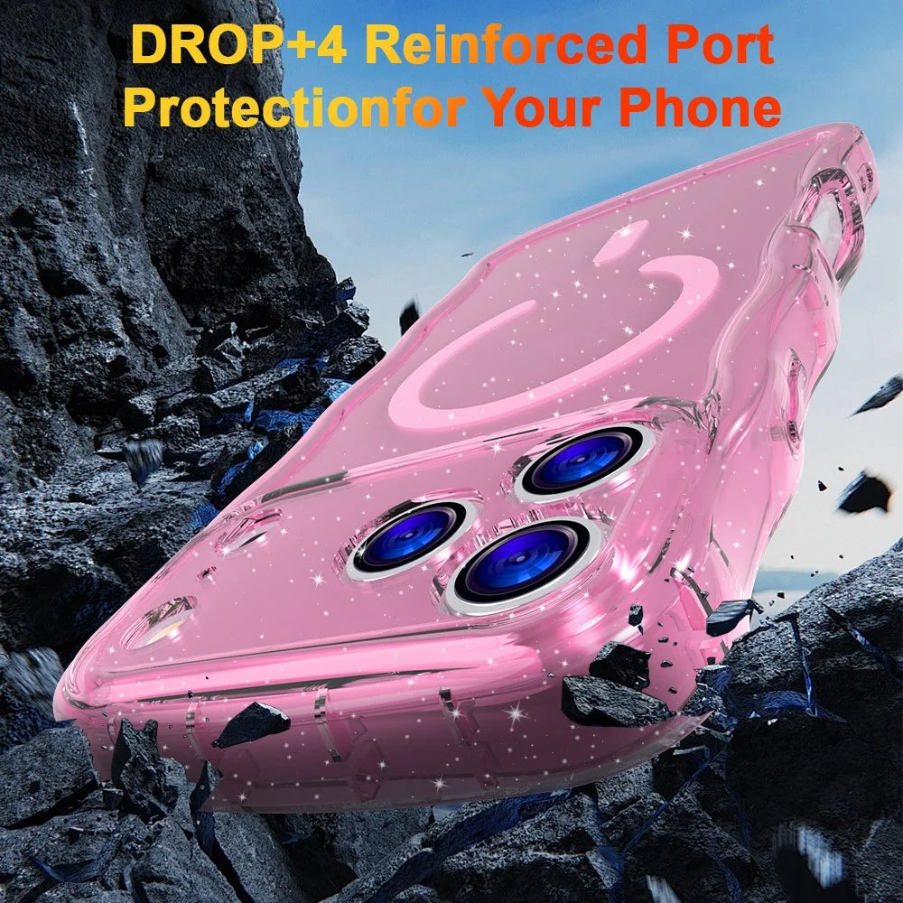 For iPhone 17 Pro Max Magnetic Case Wave Edge Glitter TPU Phone Back Cover - Transparent Pink - 7