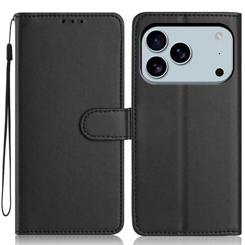 For iPhone 18 Pro / 17 Pro Wallet Case with Strap / Multiple Card Slots Solid Color Leather Stand Phone Cover - Black - 1
