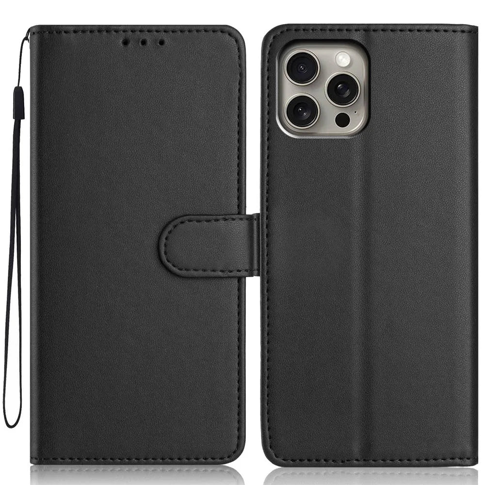 For iPhone 15 Pro Max Wallet Case with Strap / Multiple Card Slots Solid Color Leather Stand Phone Cover - Black - 1