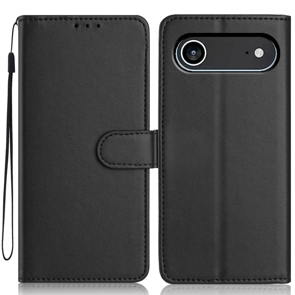 For iPhone Air Wallet Case with Strap / Multiple Card Slots Solid Color Leather Stand Phone Cover - Black - 1