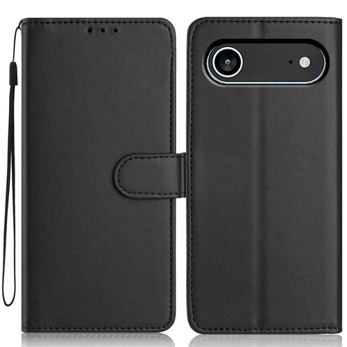 For iPhone Air Wallet Case with Strap / Multiple Card Slots Solid Color Leather Stand Phone Cover - Black - 1
