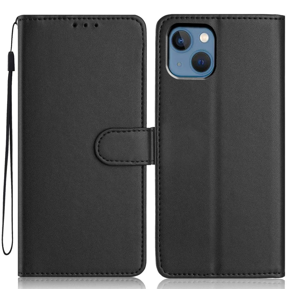 For iPhone 14 / 13 Wallet Case with Strap / Multiple Card Slots Solid Color Leather Stand Phone Cover - Black - 1