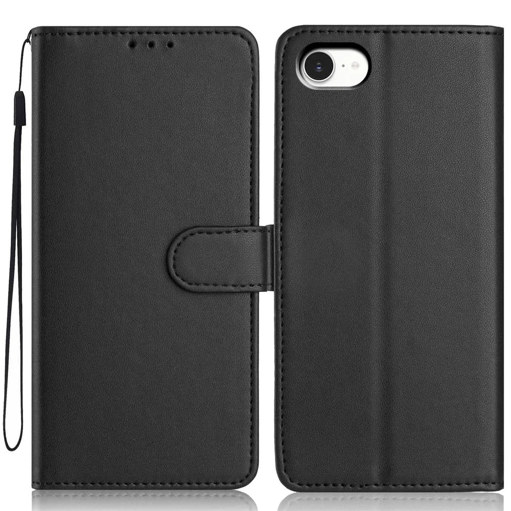 For iPhone SE (2022) / (2020) / 8 / 7 Wallet Case with Strap / Multiple Card Slots Solid Color Leather Stand Phone Cover - Black - 1
