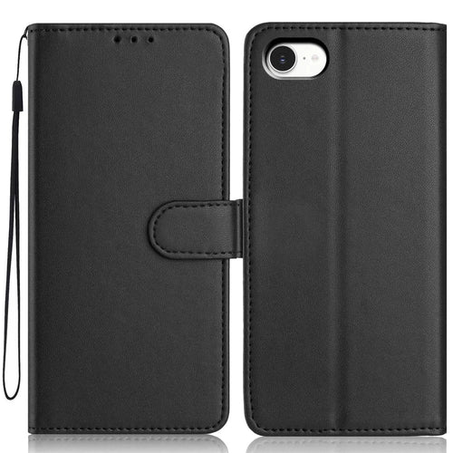 For iPhone SE (2022) / (2020) / 8 / 7 Wallet Case with Strap / Multiple Card Slots Solid Color Leather Stand Phone Cover - Black - 1