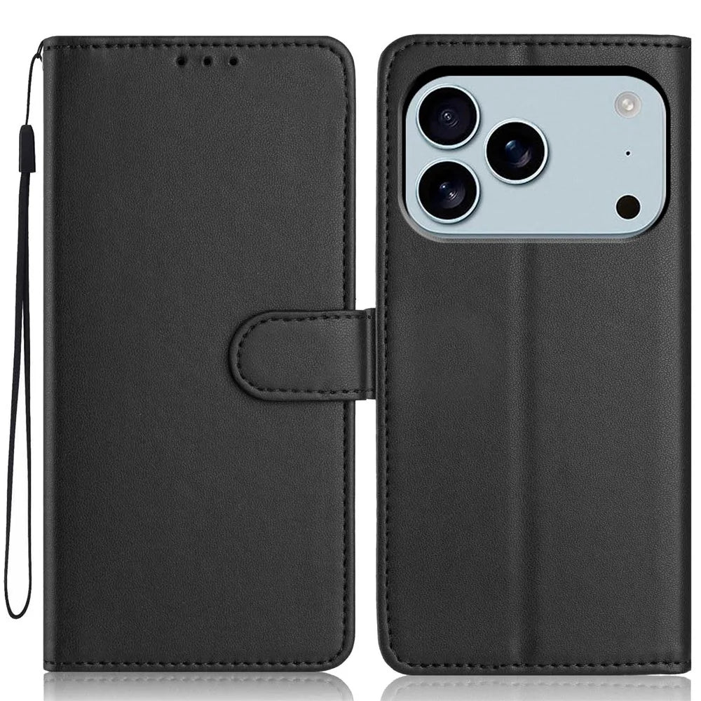For iPhone 18 Pro Max / 17 Pro Max Wallet Case with Strap / Multiple Card Slots Solid Color Leather Stand Phone Cover - Black - 1
