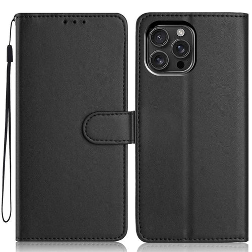 For iPhone 16 Pro Max Wallet Case with Strap / Multiple Card Slots Solid Color Leather Stand Phone Cover - Black - 1