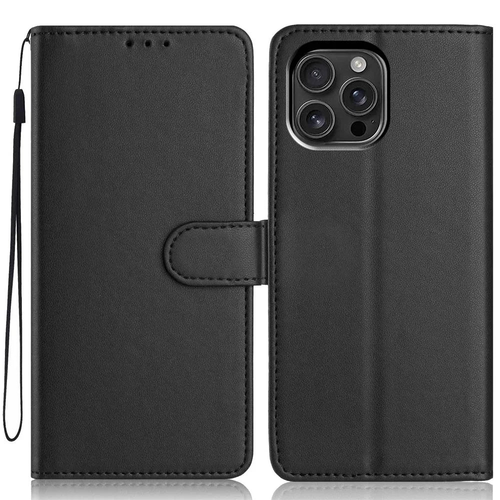 For iPhone 16 Pro Max Wallet Case with Strap / Multiple Card Slots Solid Color Leather Stand Phone Cover - Black - 1