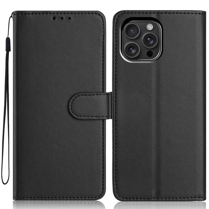 For iPhone 16 Pro Max Wallet Case with Strap / Multiple Card Slots Solid Color Leather Stand Phone Cover - Black - 1