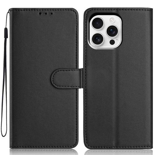 For iPhone 16 Pro Wallet Case with Strap / Multiple Card Slots Solid Color Leather Stand Phone Cover - Black - 1