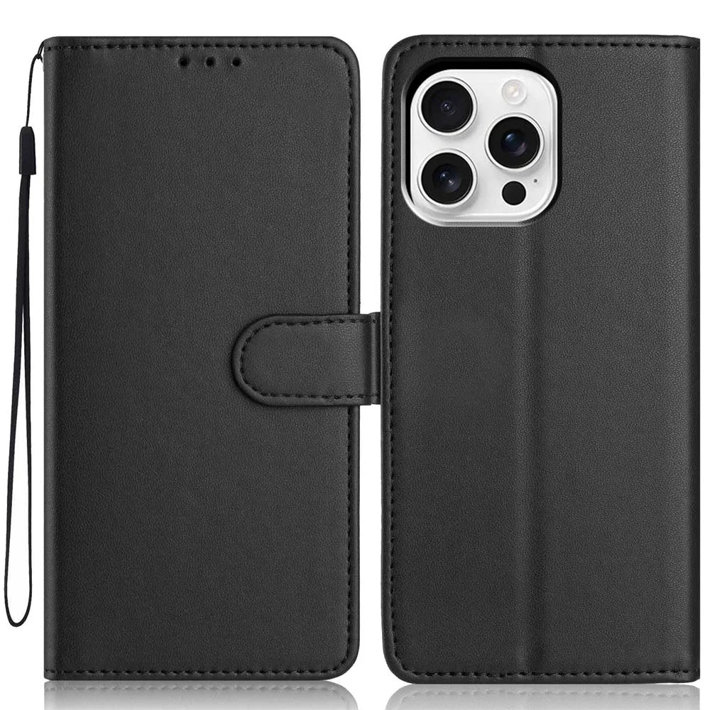 For iPhone 16 Pro Wallet Case with Strap / Multiple Card Slots Solid Color Leather Stand Phone Cover - Black - 1