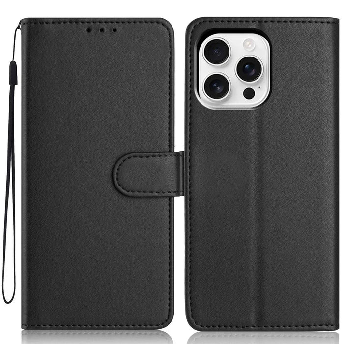For iPhone 16 Pro Wallet Case with Strap / Multiple Card Slots Solid Color Leather Stand Phone Cover - Black - 1