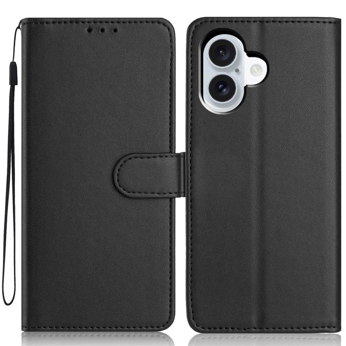 For iPhone 16 Wallet Case with Strap / Multiple Card Slots Solid Color Leather Stand Phone Cover - Black - 1