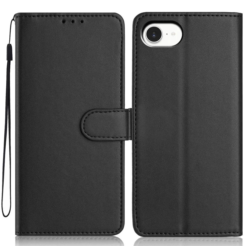 For iPhone 17e / 16e Wallet Case with Strap / Multiple Card Slots Solid Color Leather Stand Phone Cover - Black - 1