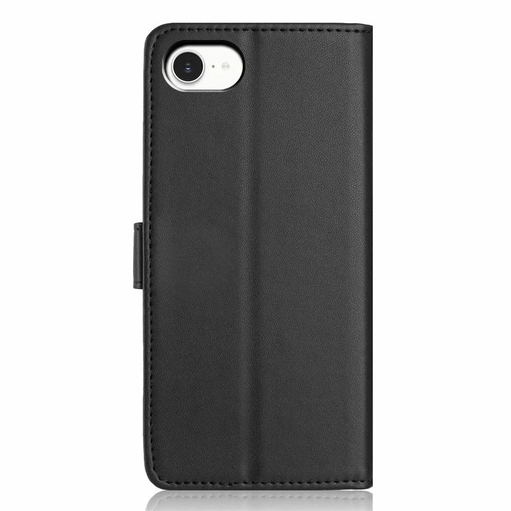 For iPhone 17e / 16e Wallet Case with Strap / Multiple Card Slots Solid Color Leather Stand Phone Cover - Black - 7