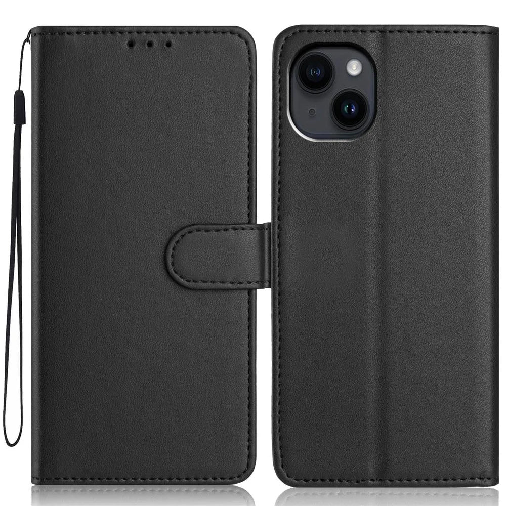 For iPhone 15 Wallet Case with Strap / Multiple Card Slots Solid Color Leather Stand Phone Cover - Black - 1