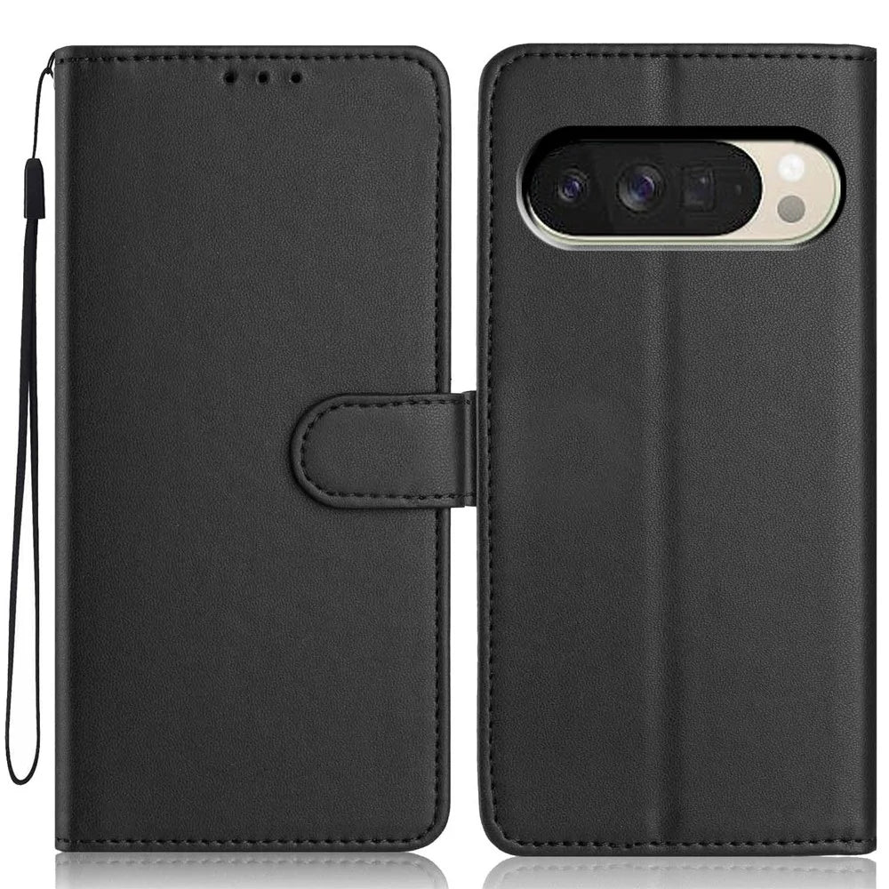 For Google Pixel 10 Pro XL / 9 Pro XL Wallet Case with Strap / Multiple Card Slots Solid Color Leather Stand Phone Cover - Black - 1