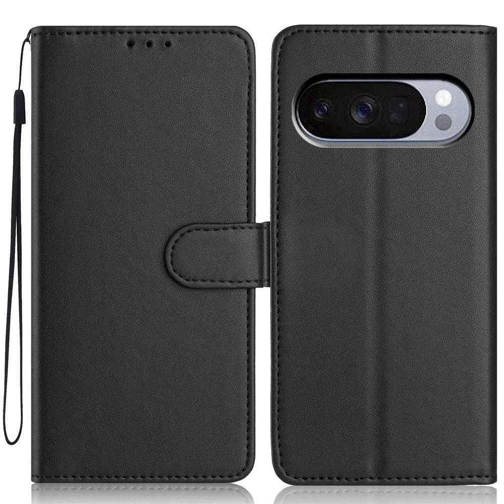 For Google Pixel 10 / 10 Pro Wallet Case with Strap / Multiple Card Slots Solid Color Leather Stand Phone Cover - Black - 1