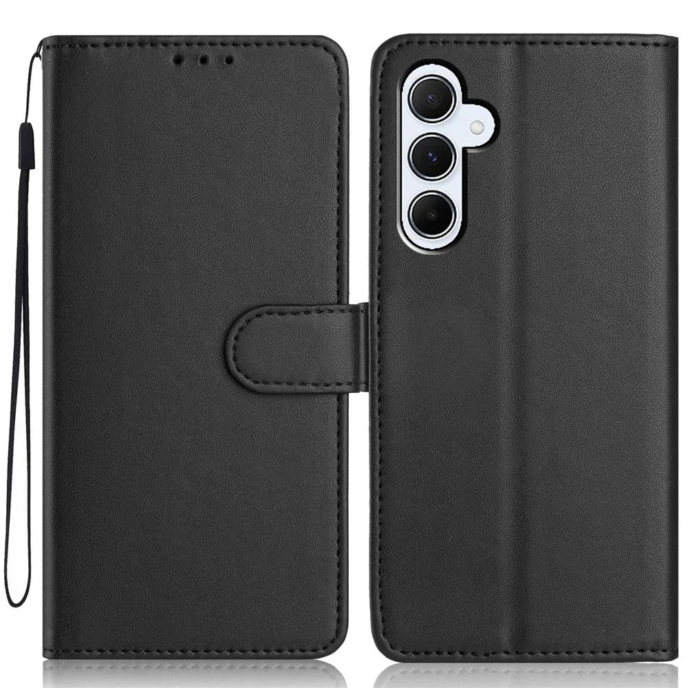 For Samsung Galaxy A35 5G Wallet Case with Strap / Multiple Card Slots Solid Color Leather Stand Phone Cover - Black - 1