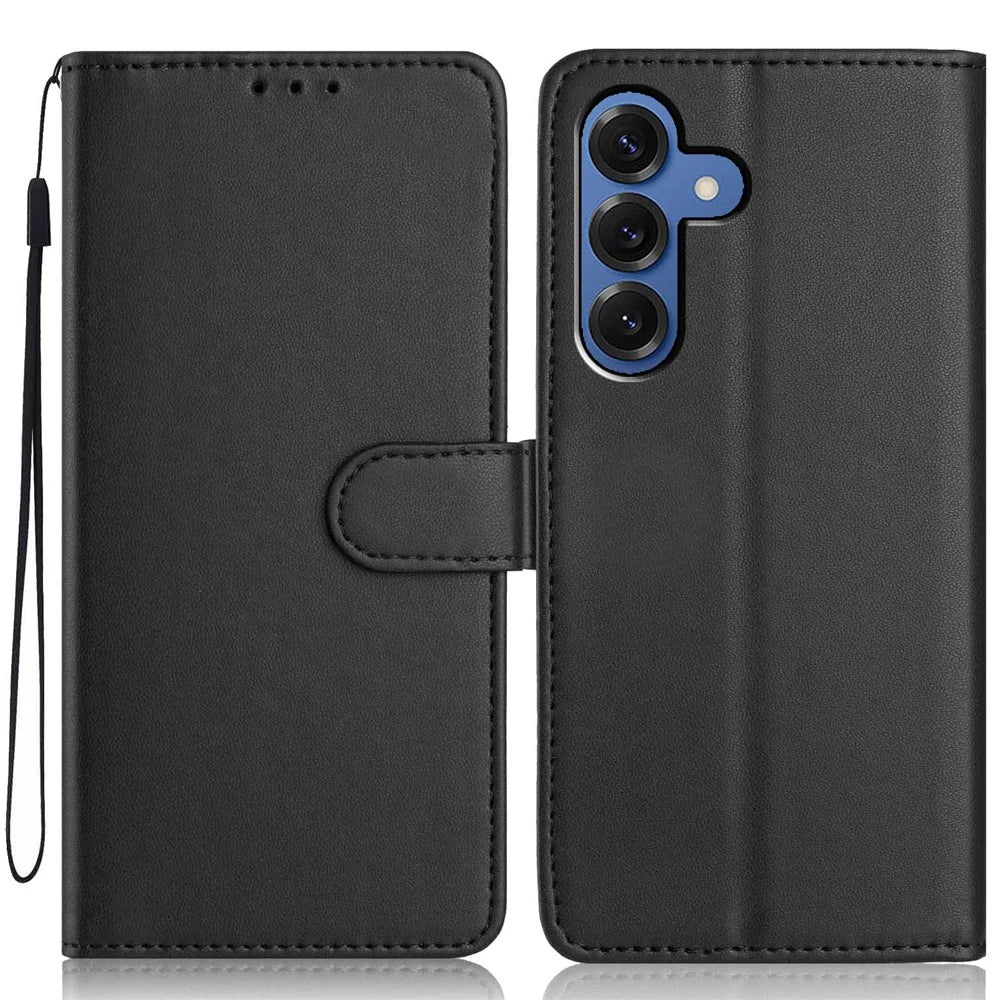 For Samsung Galaxy S25 Wallet Case with Strap / Multiple Card Slots Solid Color Leather Stand Phone Cover - Black - 1
