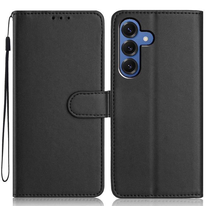 For Samsung Galaxy S25 Wallet Case with Strap / Multiple Card Slots Solid Color Leather Stand Phone Cover - Black - 1