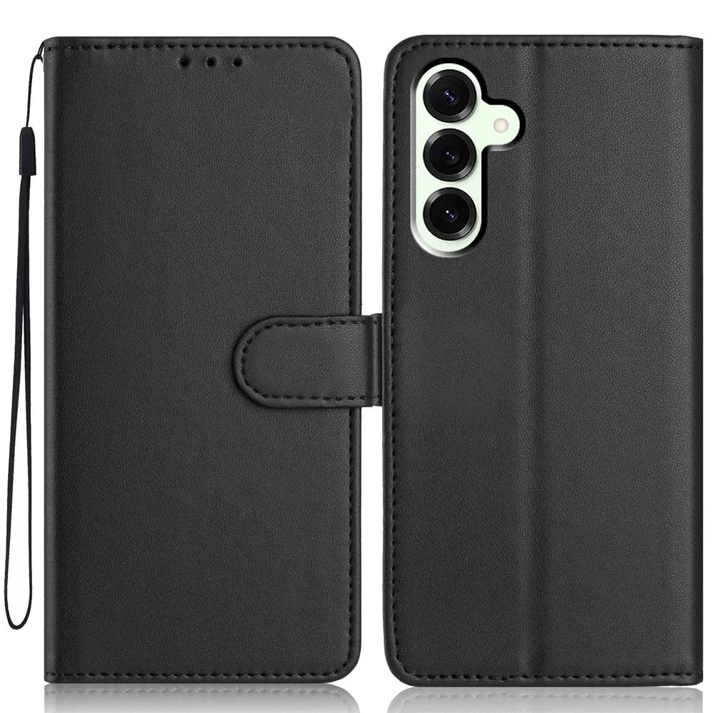 For Samsung Galaxy S25+ Wallet Case with Strap / Multiple Card Slots Solid Color Leather Stand Phone Cover - Black - 1