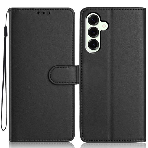 For Samsung Galaxy S25+ Wallet Case with Strap / Multiple Card Slots Solid Color Leather Stand Phone Cover - Black - 1