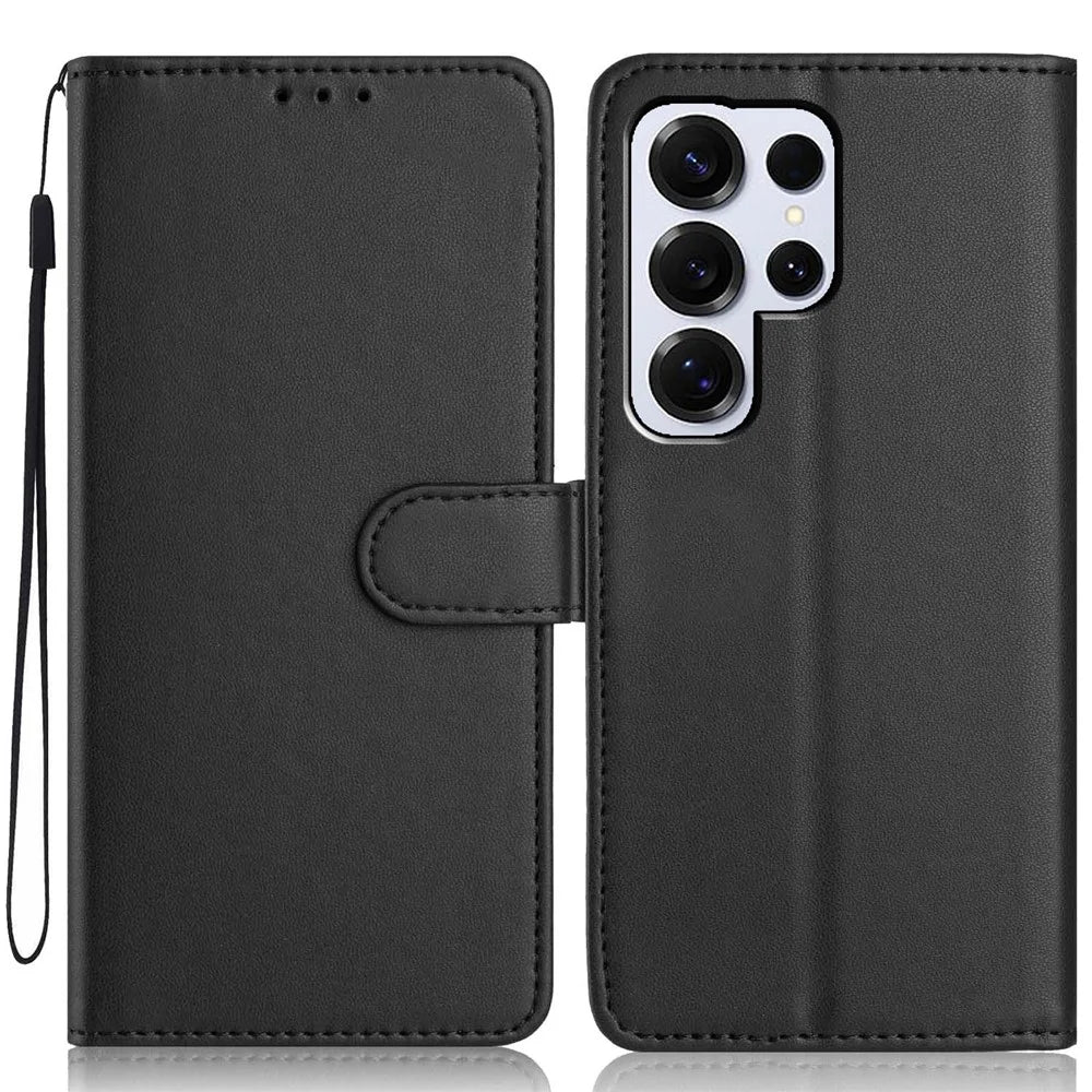 For Samsung Galaxy S25 Ultra Wallet Case with Strap / Multiple Card Slots Solid Color Leather Stand Phone Cover - Black - 1