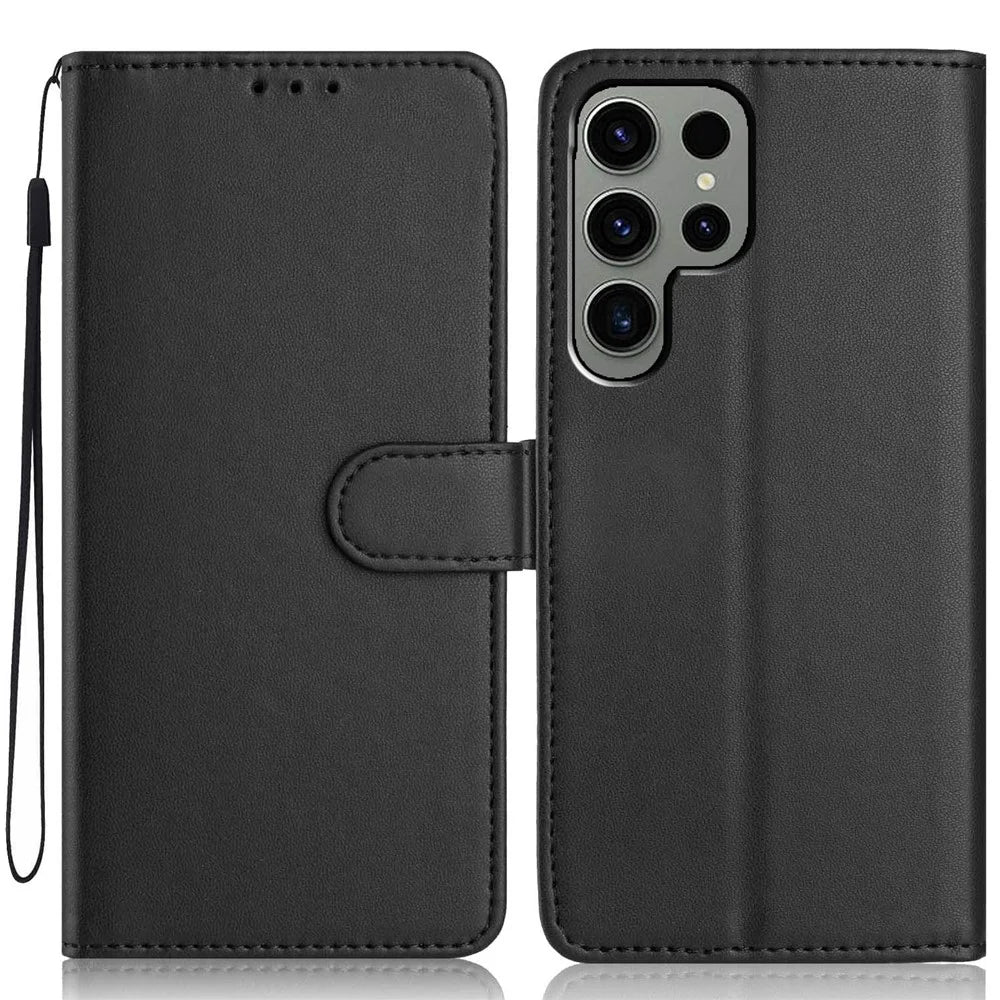 For Samsung Galaxy S24 Ultra Wallet Case with Strap / Multiple Card Slots Solid Color Leather Stand Phone Cover - Black - 1