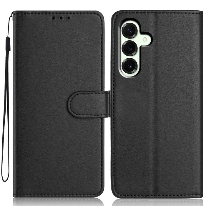 For Samsung Galaxy S25 FE Wallet Case with Strap / Multiple Card Slots Solid Color Leather Stand Phone Cover - Black - 1