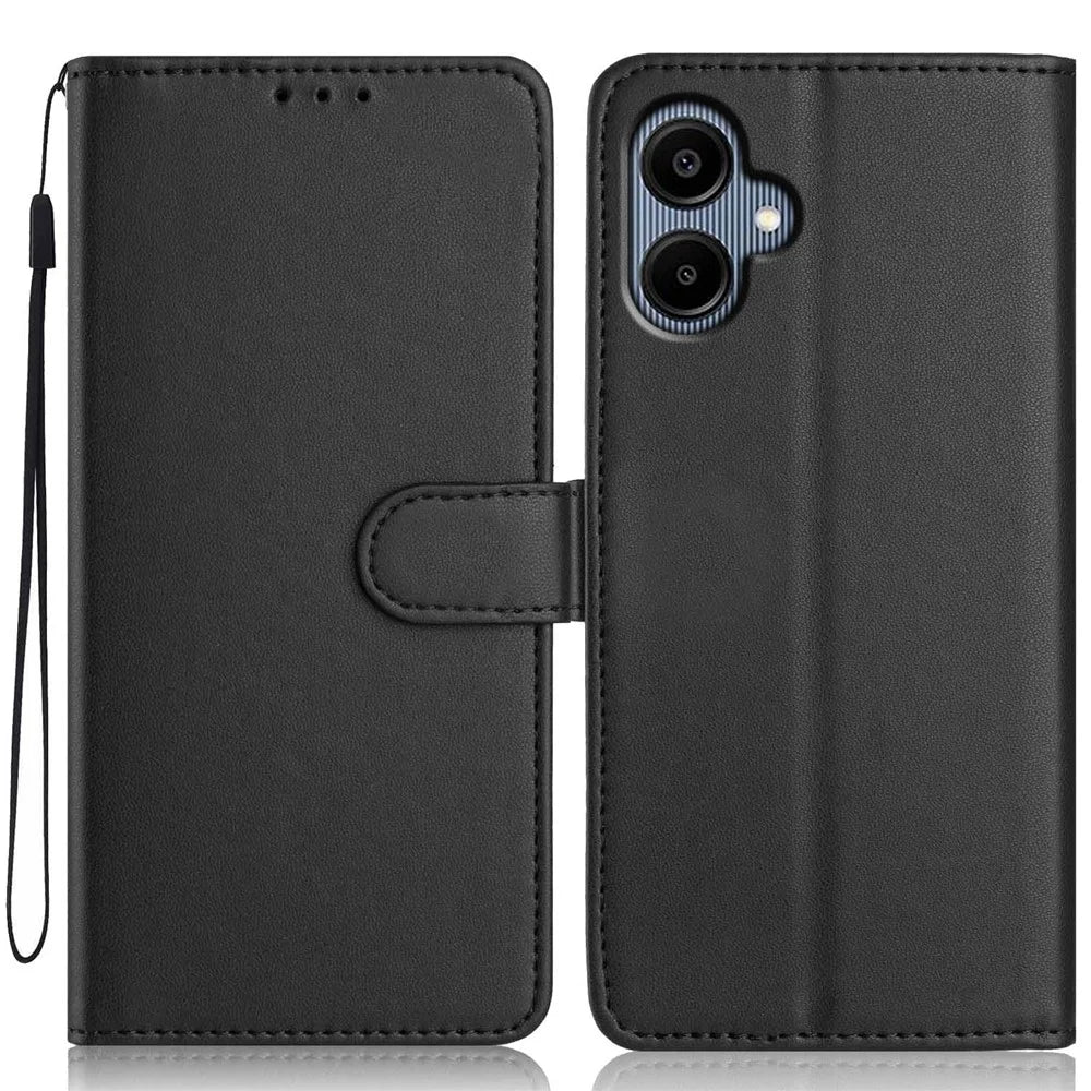 For Samsung Galaxy A05 4G Wallet Case with Strap / Multiple Card Slots Solid Color Leather Stand Phone Cover - Black - 1