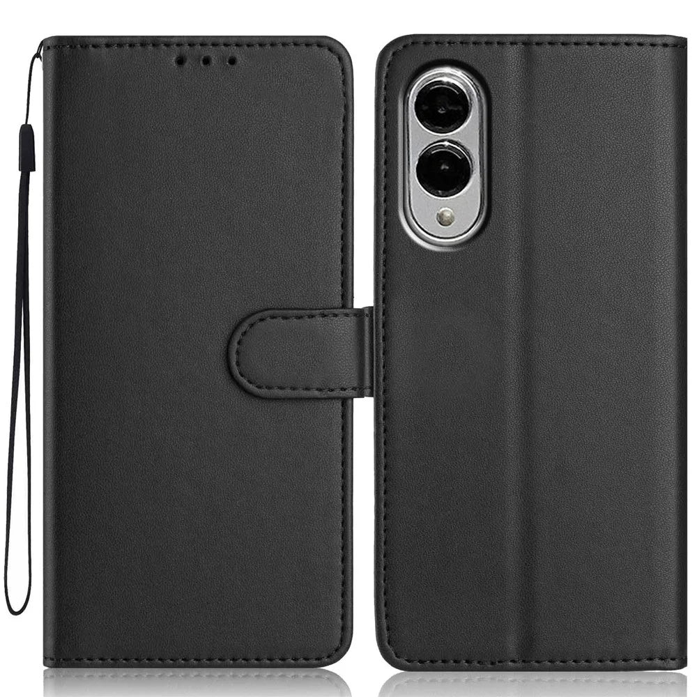 For Samsung Galaxy S25 Edge Wallet Case with Strap / Multiple Card Slots Solid Color Leather Stand Phone Cover - Black - 1