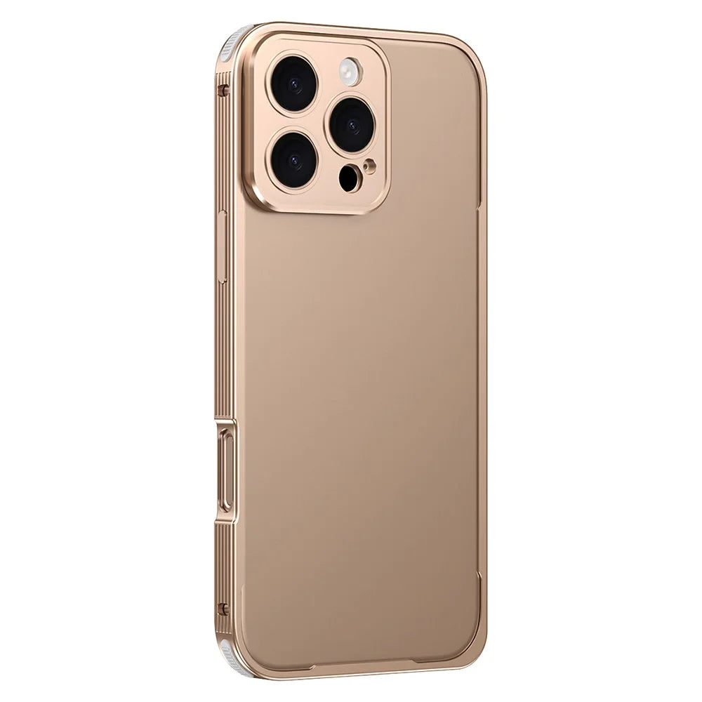 For iPhone 16 Pro Bumper Case Heat Dissipation Aluminium Alloy Phone Shell with Buckle / Camera Lid - Desert Gold - 1