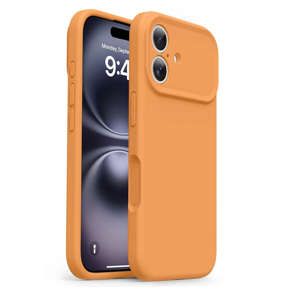 For iPhone 16 Case Soft Touch Liquid Silicone Phone Cover with Camera Touch Control Button - Orange - 1