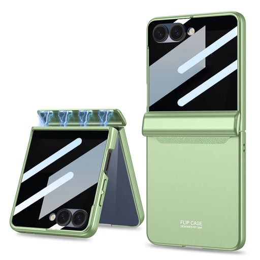 GKK For Samsung Galaxy Z Flip7 5G Case Magnetic Hinge Protection PC Phone Cover with Anti-Spy Tempered Glass Film - Matcha Green - 1