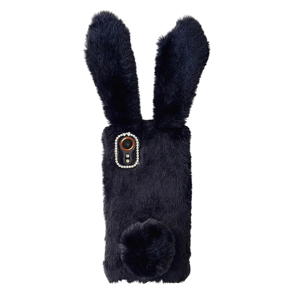 For Samsung Galaxy Xcover7 Case Plush Cute Bunny Winter Fluffy TPU Phone Cover - Black - 1