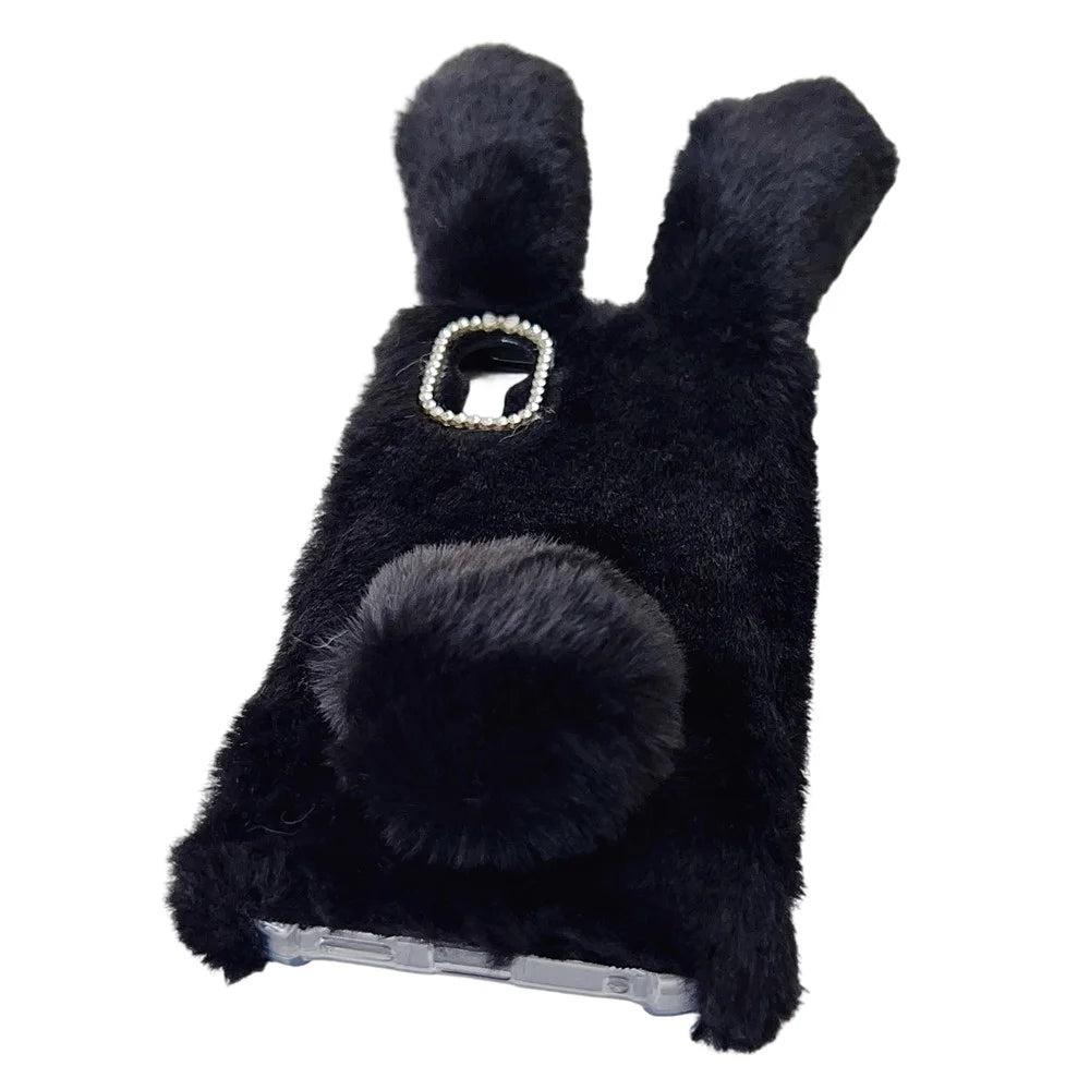 For Samsung Galaxy Xcover7 Case Plush Cute Bunny Winter Fluffy TPU Phone Cover - Black - 3