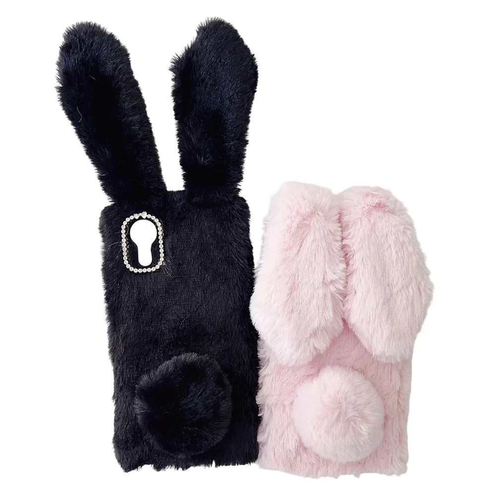 For Samsung Galaxy Xcover7 Case Plush Cute Bunny Winter Fluffy TPU Phone Cover - Black - 7