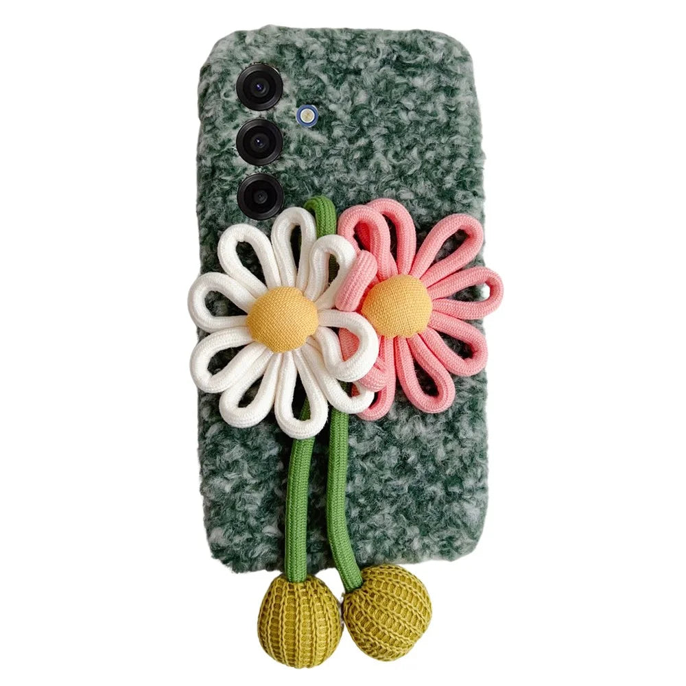 For Samsung Galaxy S25 FE Case Woven 3D Floral Plush TPU Protective Cover - Blue - 1