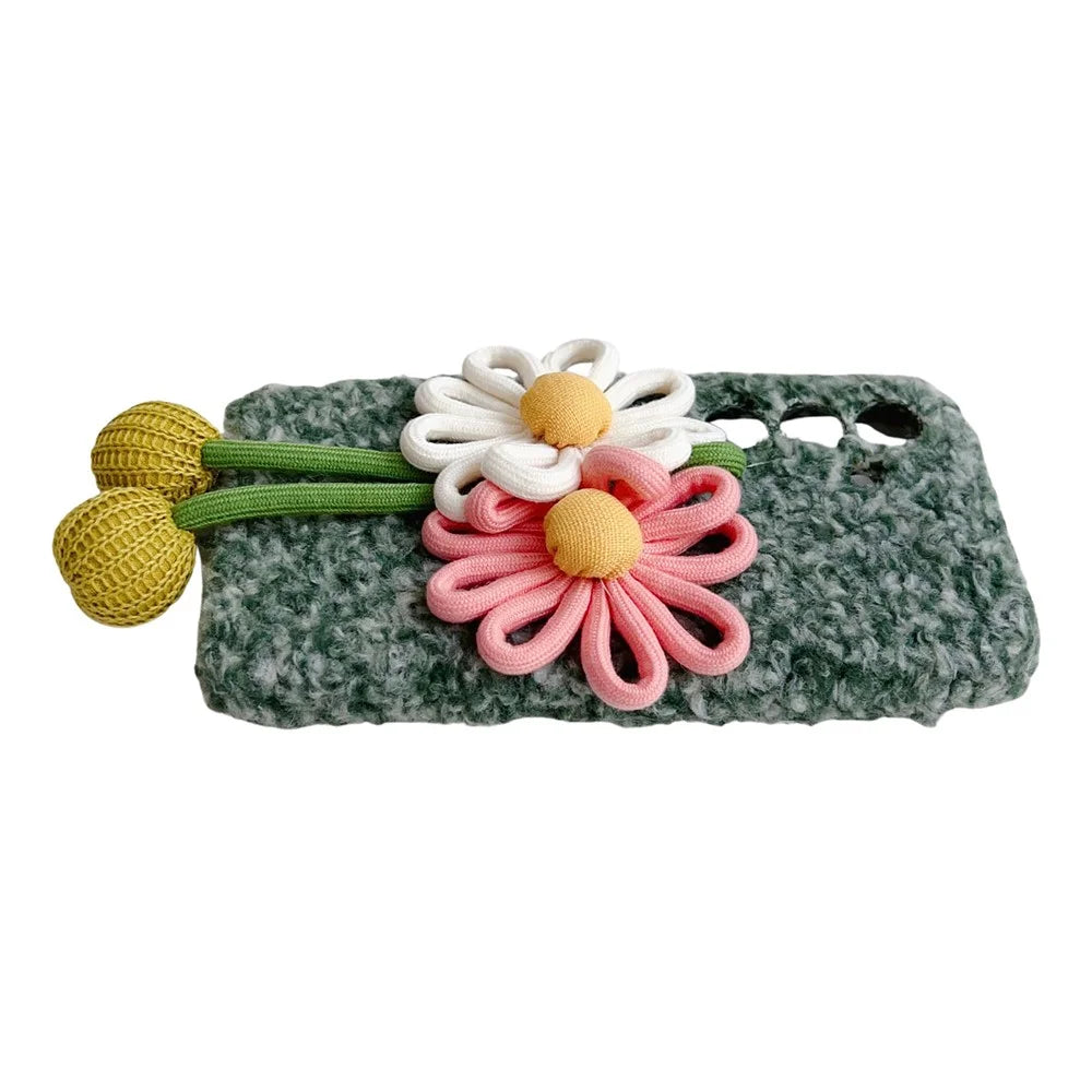 For Samsung Galaxy S25 FE Case Woven 3D Floral Plush TPU Protective Cover - Blue - 6