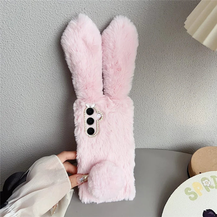 For Samsung Galaxy S25 FE Case Plush Cute Bunny Winter Fluffy TPU Phone Cover - Pink - 2