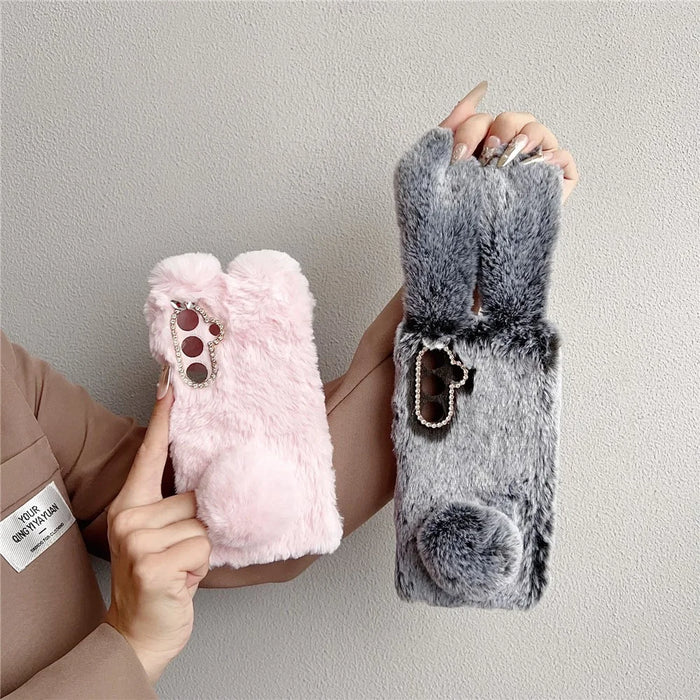 For Samsung Galaxy S25 FE Case Plush Cute Bunny Winter Fluffy TPU Phone Cover - Pink - 6