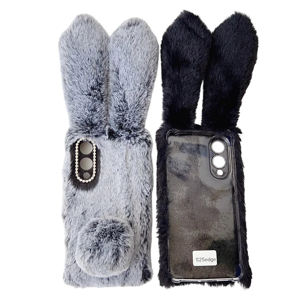For Samsung Galaxy S25 Edge Case Plush Cute Bunny Winter Fluffy TPU Phone Cover - White - 7