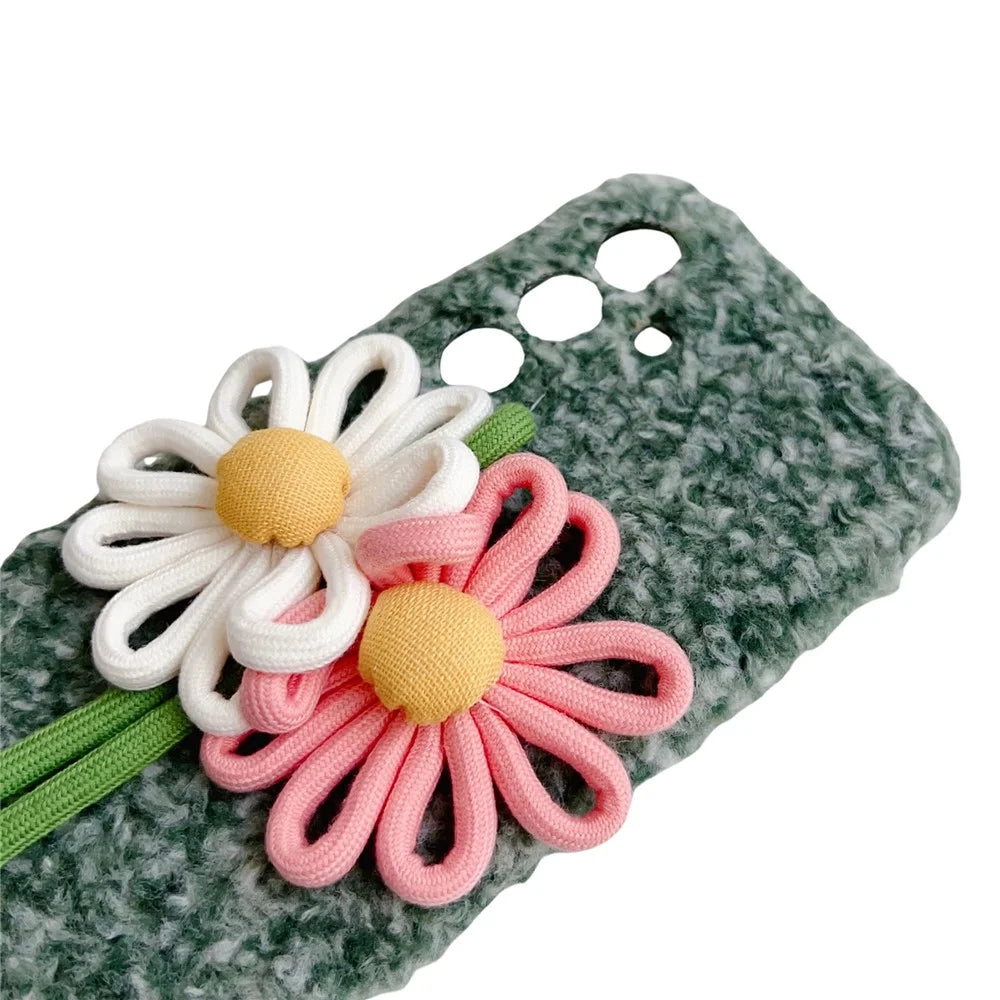For Samsung Galaxy A18 5G / A18 4G / A17 5G / A17 4G Plush 3D Woven Flower Phone Case Protective Cover - Blue - 7