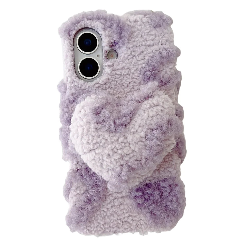 For iPhone 17 Case 3D Heart Plush TPU Winter Warm Soft TPU Phone Cover - Purple - 1