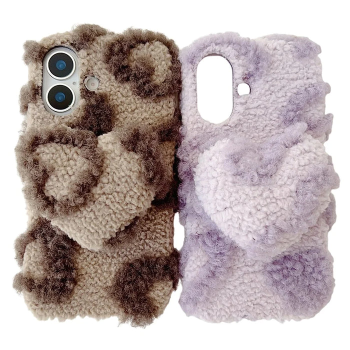 For iPhone 17 Case 3D Heart Plush TPU Winter Warm Soft TPU Phone Cover - Purple - 6