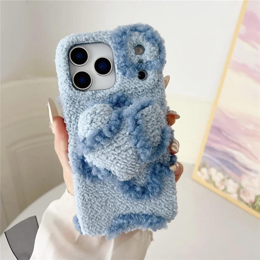 For iPhone 17 Pro Case 3D Heart Plush TPU Winter Warm Soft TPU Phone Cover - Blue - 2