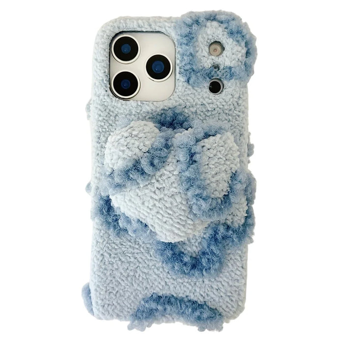 For iPhone 17 Pro Max Case 3D Heart Plush TPU Winter Warm Soft TPU Phone Cover - Blue - 1