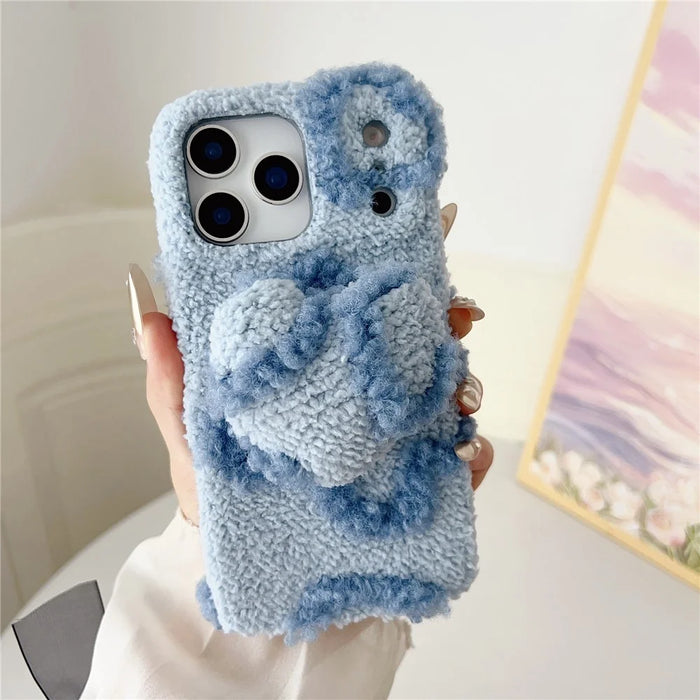 For iPhone 17 Pro Max Case 3D Heart Plush TPU Winter Warm Soft TPU Phone Cover - Blue - 2