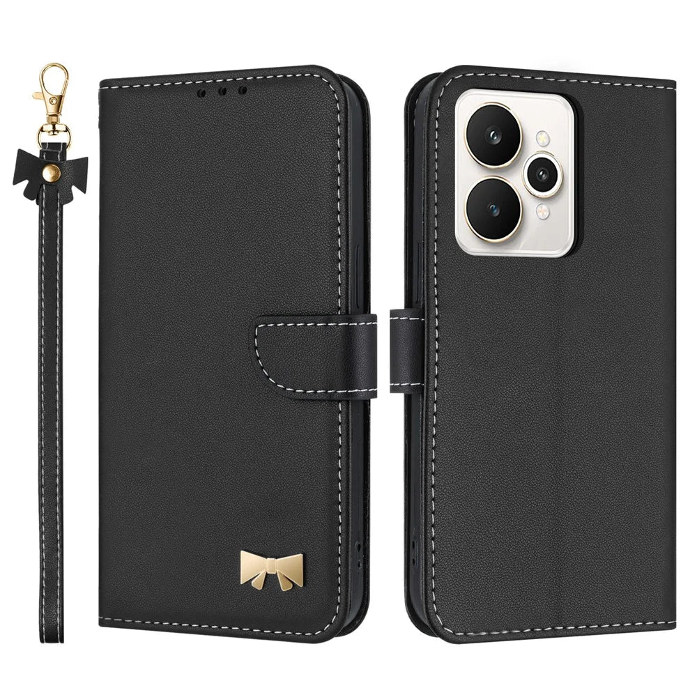 For Realme 15 5G / 15 Pro 5G Case Bowknot Decor Wallet Leather Phone Cover with Wrist Strap - Black - 1