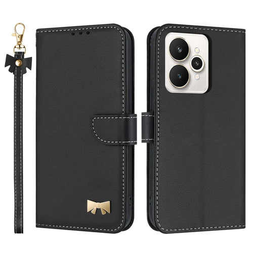 For Realme 15 5G / 15 Pro 5G Case Bowknot Decor Wallet Leather Phone Cover with Wrist Strap - Black - 1